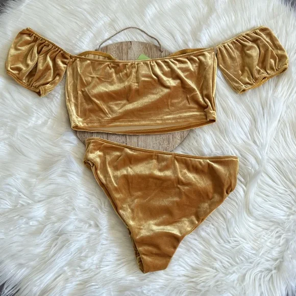 NWT Better Be Women’s Velvet Off The Shoulder 2 Piece Bathing Suit SZ L🌊💛 - Picture 5 of 11